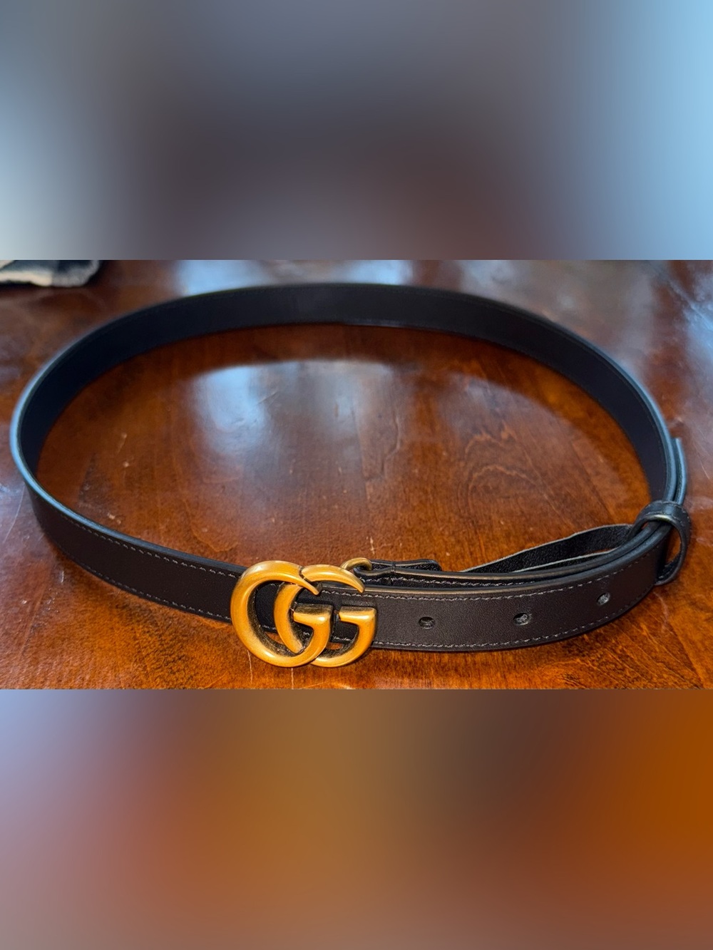 Gucci Black Leather Marmot Thin Gold GG Belt